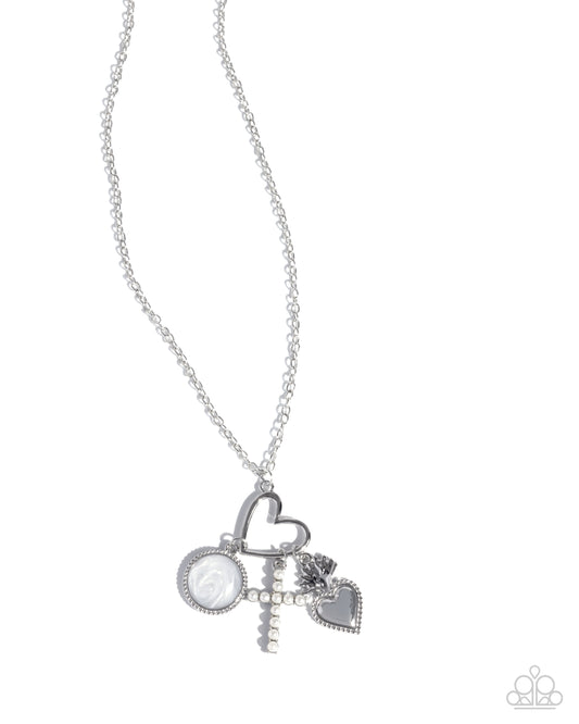 Purely Blessed - White Pearl Cross, Silver Heart Charm Necklace Paparazzi N3457