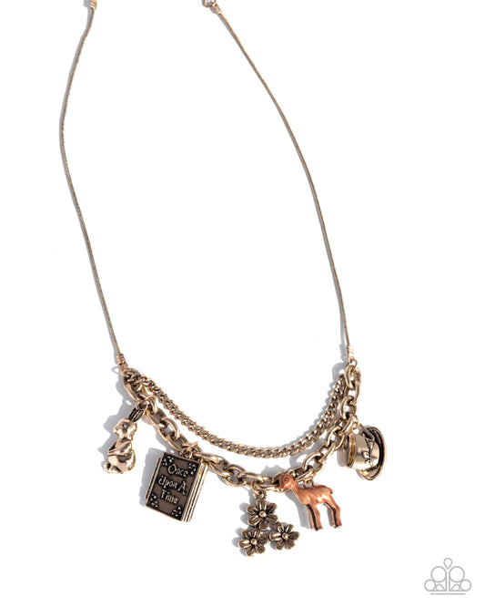 Storybook Setting - Gold Fairytale Teacup, Doe, Flower, Storybook, Rabbit Charm Style Necklace Paparazzi N2909