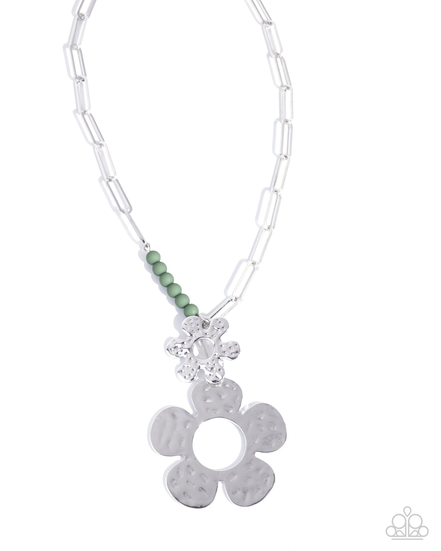Seeing FLORAL - Green Bead Silver Hammered Flower Necklace Paparazzi N3157