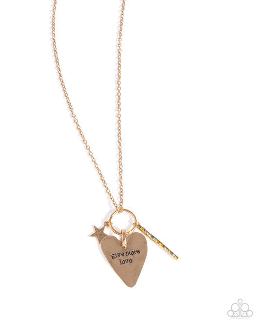 Give More Affection - Yellow Antiqued Gold Inspirational Heart "give more love" Necklace Paparazzi N2956