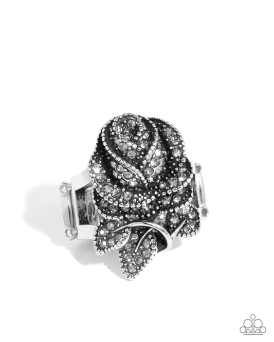 Rosy Residence - Silver Studded Rose & Smoky Rhinestone Ring Paparazzi R1109