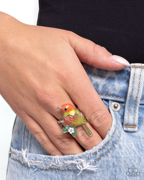 Nestled Nightingale - Yellow, Coral Pearl Painted Bird Ring Scandi Charm Style Paparazzi R1097