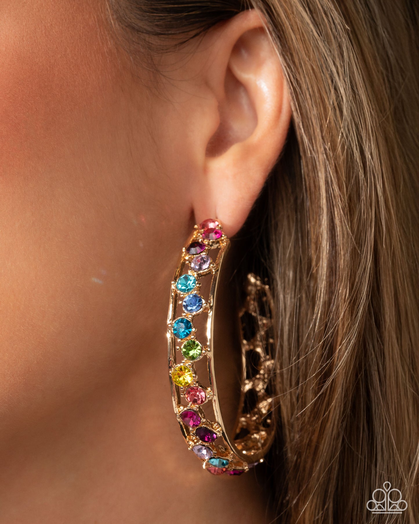 Scattered Sophistication - Multicolored Gem 2 1/2 Inch Hoop Earring Empower Me Pink 2025 Paparazzi