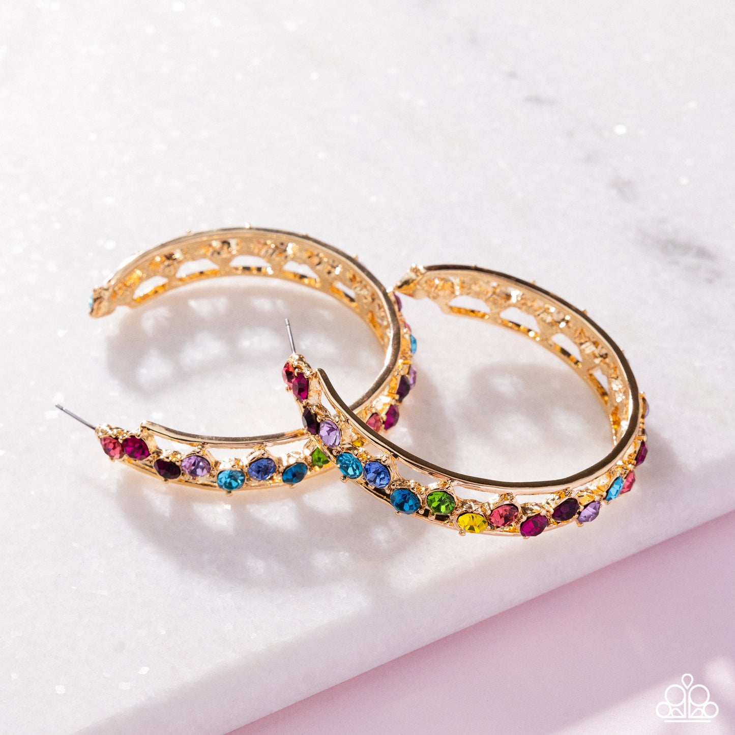 Scattered Sophistication - Multicolored Gem 2 1/2 Inch Hoop Earring Empower Me Pink 2025 Paparazzi