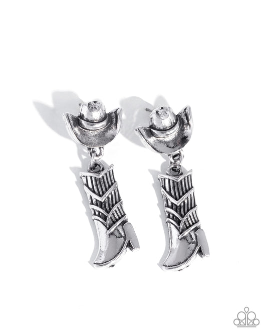Boot Scootin Ballad - Silver Western Motif Cowboy Hat & Silver Boot Santa Fe Style Earring Paparazzi E2800