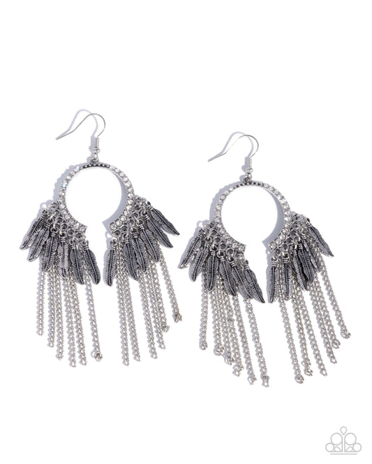 Free-Spirited Fringe - Silver Feather Charm Style Fringe Earring Paparazzi E3048