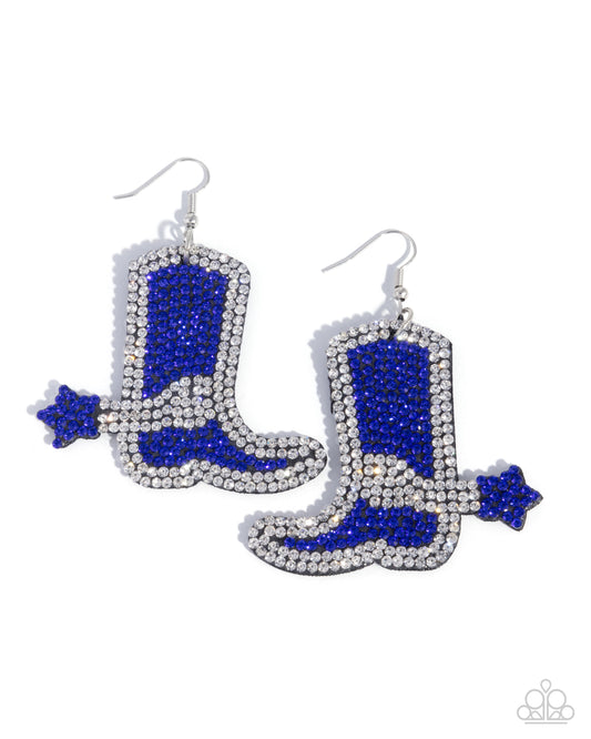 Benevolent Boot - Blue & White Rhinestone Cowboy Boot Earring Paparazzi E2898