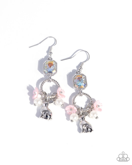 Malibu Melody - Pink Pearly, White Flowers & Silver Bunny Rabbit Earring Paparazzi E2789