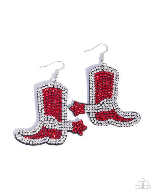 Benevolent Boot - Red & White Rhinestone Cowboy Boot Western Santa Fe Style Earring Paparazzi E2858