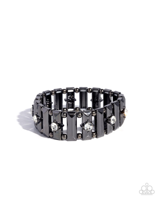Dotted Dazzle - Black Gunmetal Bar, Studs & White Rhinestone Stretch Bracelet Paparazzi B2114