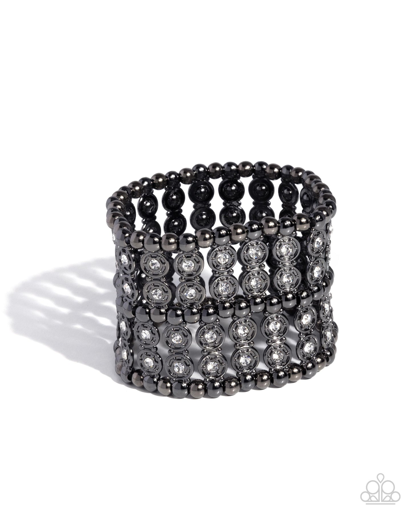 Stacked Significance - Black Gunmetal & White Rhinestone Stretch Bracelet Paparazzi B2299
