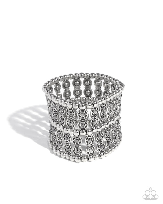 Stacked Significance - Silver Bead & Hematite Rhinestone Silver Disc Stretch Bracelet Paparazzi B2379