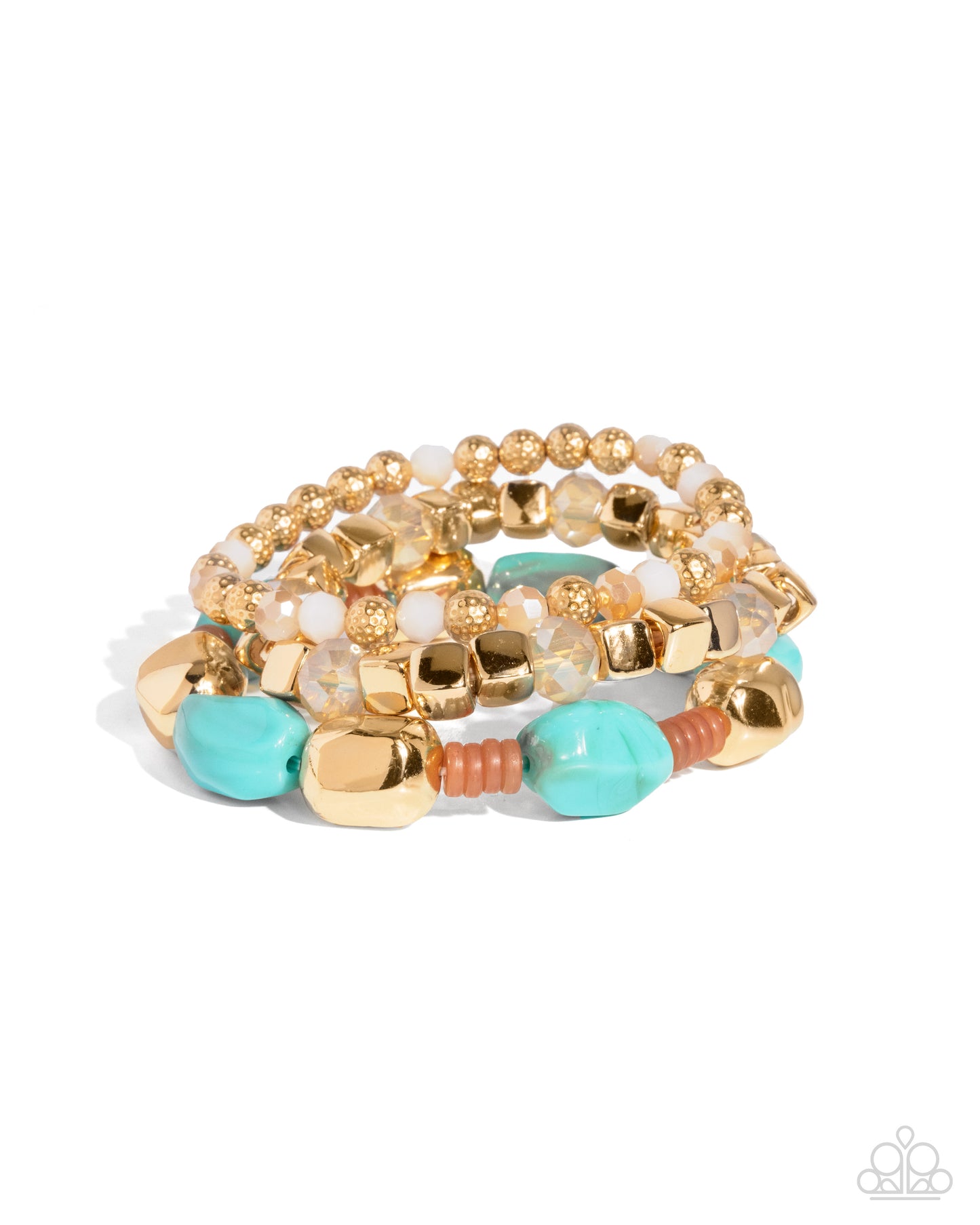 Malibu Minimalist - Blue Turquoise, Hammered Gold, Bran, Champagne Bead Set of 3 Stretch Bracelets Paparazzi B2255