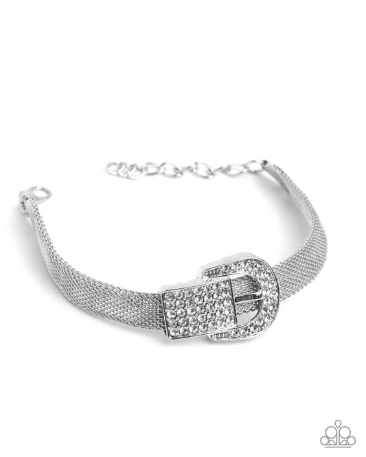 Boldy Buckled White Rhinestone Silver Buckle Bracelet Life Of The Party June 2025 Paparazzi