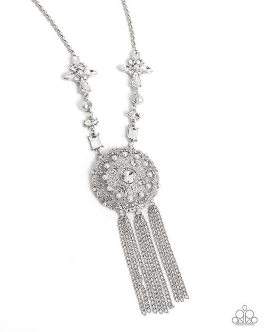 Virtuous Venture - White Rhinestone, Gem & Pearl Floral Style Necklace Life Of The Party May 2025 Paparazzi N3122