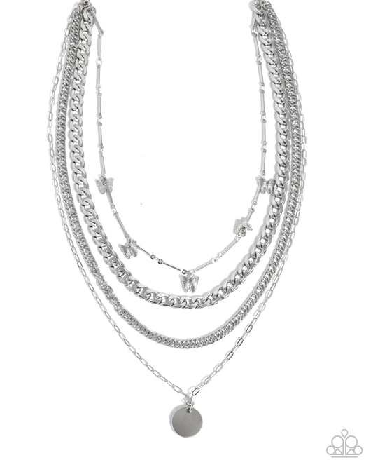 Paparazzi Fluttering Fringe - Silver Layered Butterfly Necklace N3677