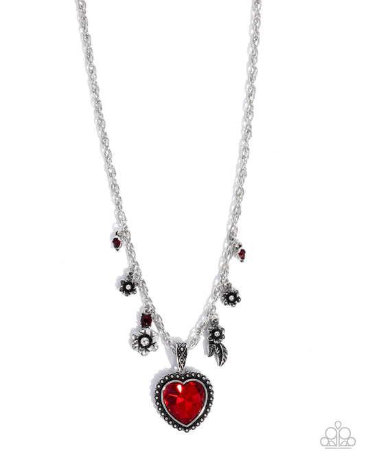 Paparazzi Heirloom Hearth - Red Rhinestone Heart Gem Silver Necklace N4060