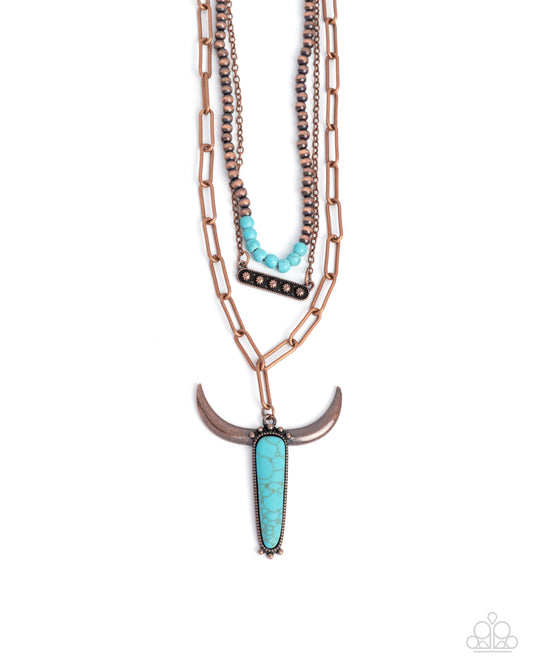Longhorn Layers - Copper Navajo Pearl, Turquoise Stone Longhorn Pendant Necklace Paparazzi N3320