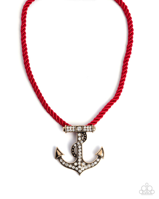 Anchored Allure - Red Cording, Antiqued Gold & White Rhinestone Anchor Necklace Paparazzi N3440