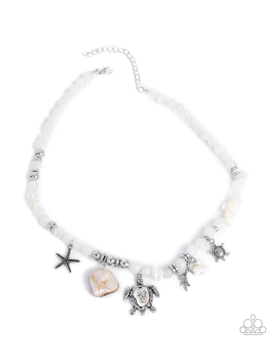Operation Ocean - White Ivory & Silver Bead Turtle Charm Necklace Beach Style Necklace Paparazzi N3529