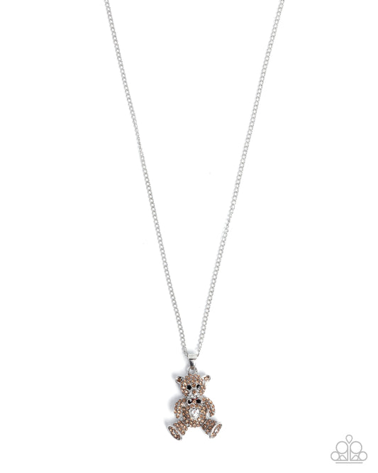 Twinkling Teddy - Brown Tea & White Rhinestone Teddy Bear Pendant Necklace Paparazzi N3445