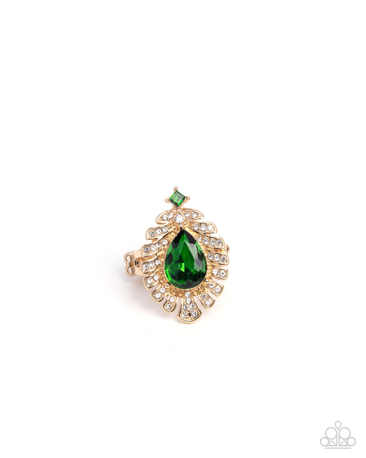 Extended Elite - Green Teardrop & White Rhinestone Gold Ring Paparazzi R0967