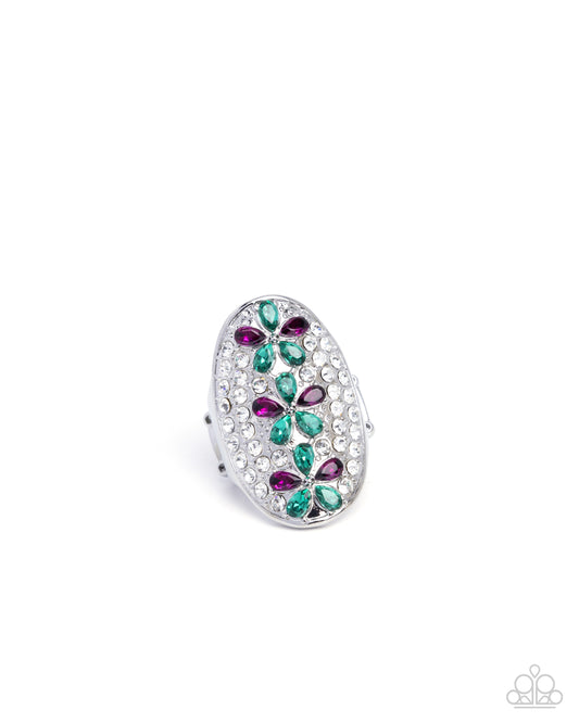 Linear Lush - Green, Purple Flower & White Rhinestone Ring Paparazzi R1126