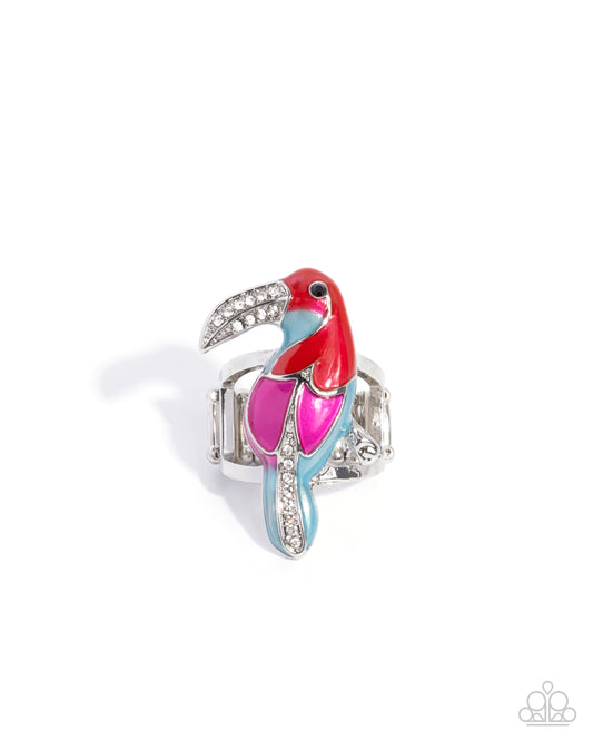Twinkling Toucan - Red, Limpet Shell & Pink Peacock Painted Toucan Bird Ring Paparazzi R1124