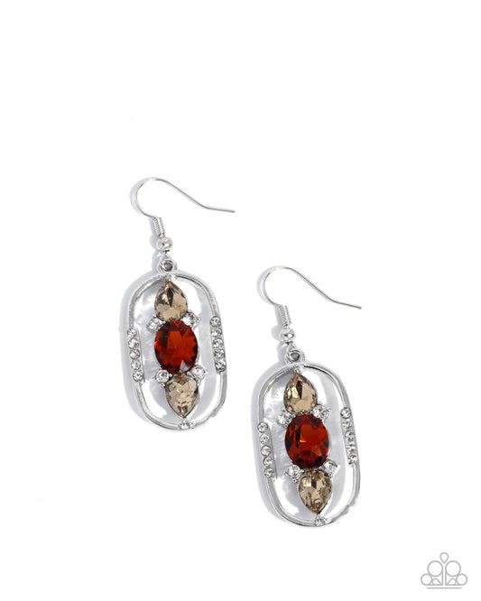 Sit and Stare - Brown Topaz, Rich Tea Gem & White Rhinestone Earring Paparazzi E3080