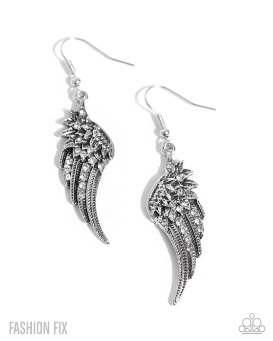 Free-Spirited Fable - White Rhinestone Silver Angel Wing Earring Sunset Sightings Fashion Fix June 2025 Paparazzi E2882