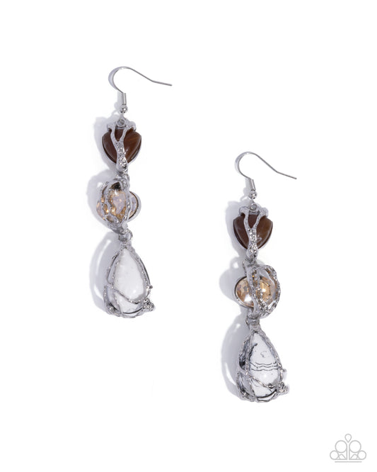 The Next Right Thing - White Marbled, Tan Bead, Peach Gem Silver Abstract Earring Paparazzi E3115