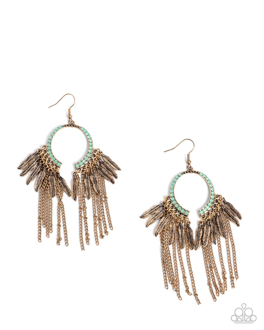Free-Spirited Fringe - Green Opal-Like Rhinestone Gold Feather Charm Fringe Earring Paparazzi E2610