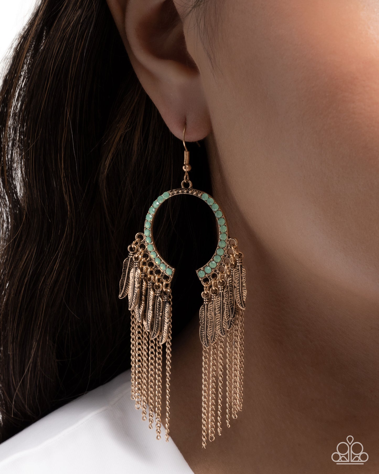 Free-Spirited Fringe - Green Opal-Like Rhinestone Gold Feather Charm Fringe Earring Paparazzi E2610