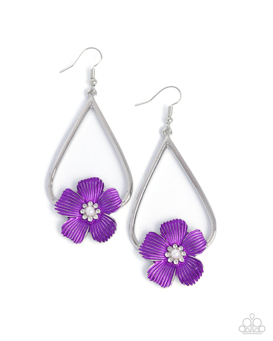 Tropical Teardrop - Purple Vibrant Flower & White Rhinestone Center Silver Teardrop Earring Paparazzi E2983