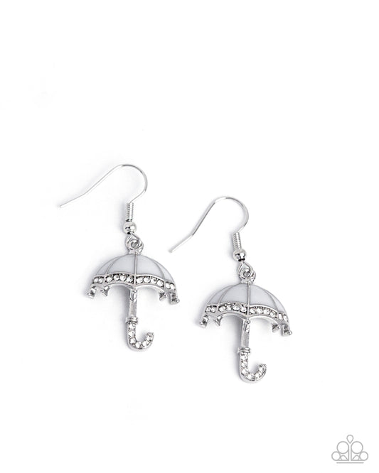Unrivaled Umbrella - White Painted & Rhinestone Umbrella Earring Paparazzi E2864