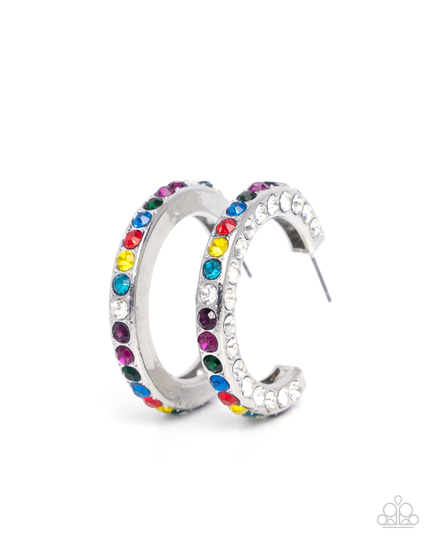 Paparazzi High-Level Haute - Multicolored Rhinestone Silver 1 1/2 Inch Hoop Earring