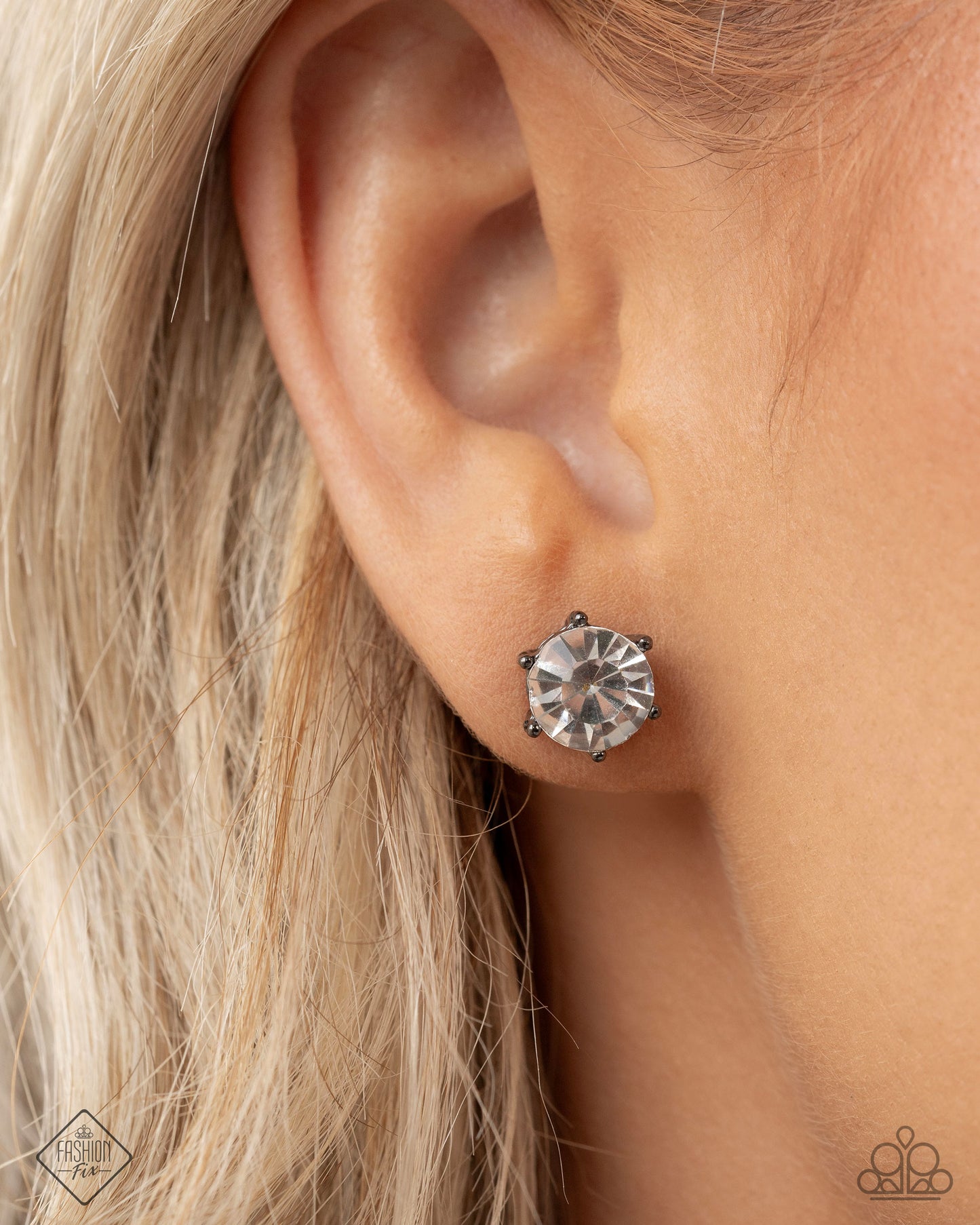 Forceful Facets - Black Gunmetal White Rhinestone Post Earring Magnificent Musings April 2025 Fashion Fix Paparazzi E2713