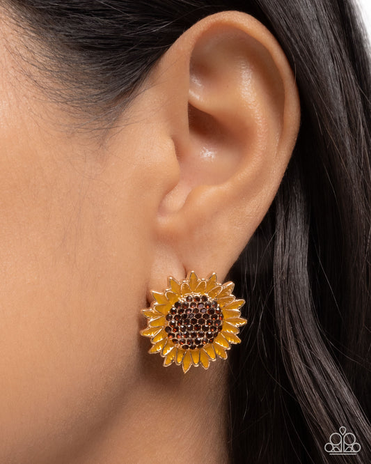 Blooming Beat - Brown Tea Rhinestone & Yellow Sunflower Post Earring Paparazzi E3075