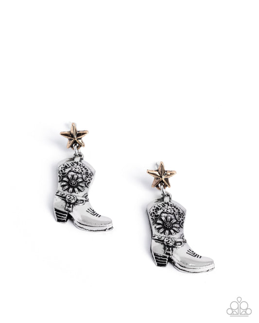 Swing Dancing Sass - Multi Silver, Antiqued Gold Western Cowboy Boot Post Earring Santa Fe Style Paparazzi E3070