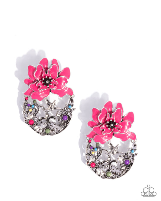 Hummingbird Homecoming - Pink Flower & Silver Hummingbird Post Earring Paparazzi E2859
