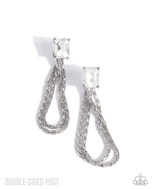Cascading Collection - White Emerald Cut Gem & Silver Chain Post Earring Paparazzi E2918