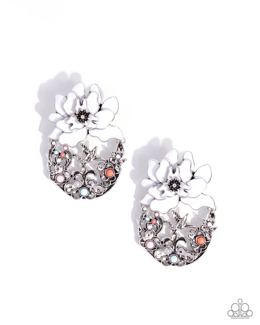 Hummingbird Homecoming - White Flower Multicolored Bead Hummingbird Post Earring Paparazzi E3131