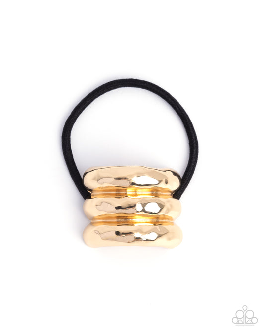 Paparazzi Crimped Celebrity - Gold Hammered Curved Bar Elastic Hair Tie Ponytail Holder H0180