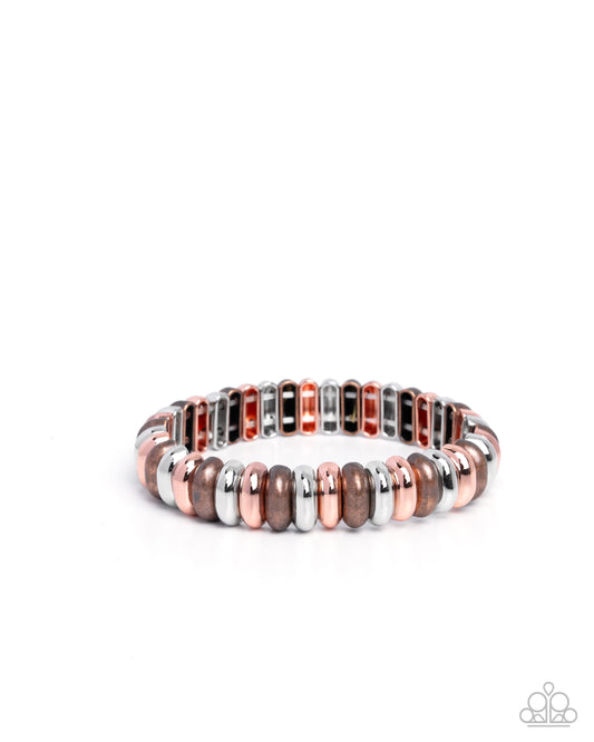 Multicolored Meeting - Copper, Antiqued Copper, Shiny Copper & Silver Bead Stretch Bracelet Paparazzi B2154