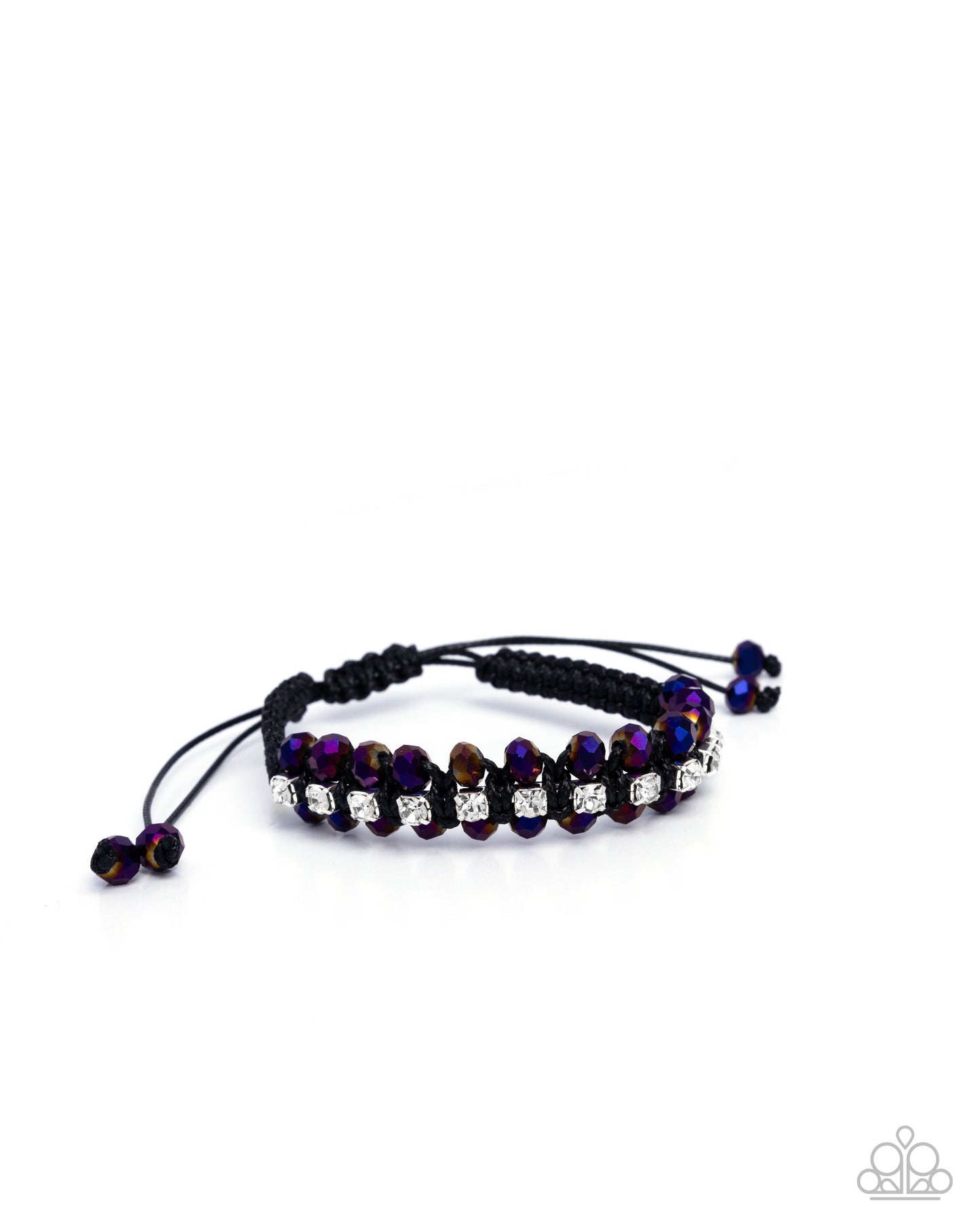 Embedded Effervescence - Purple UV Shimmery Bead, White Rhinestone & Black Cording Sliding Knot Closure Bracelet Paparazzi B2350