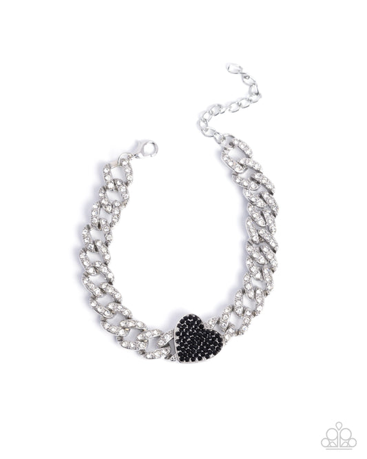 Humane Hearts - Black Rhinestone Heart & White Rhinestone Embellished Silver Chain Bracelet Paparazzi B2211