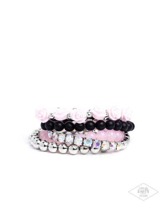 Rose Garden Grandeur - Pink Resin Roses, Black Matte & Milky Baby Pink Bead Set Of 5 Stretch Bracelets Pink Diamond Exclusive Paparazzi B2224