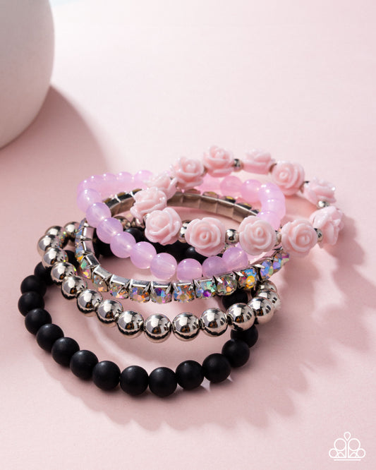 Rose Garden Grandeur - Pink Resin Roses, Black Matte & Milky Baby Pink Bead Set Of 5 Stretch Bracelets Pink Diamond Exclusive Paparazzi B2224
