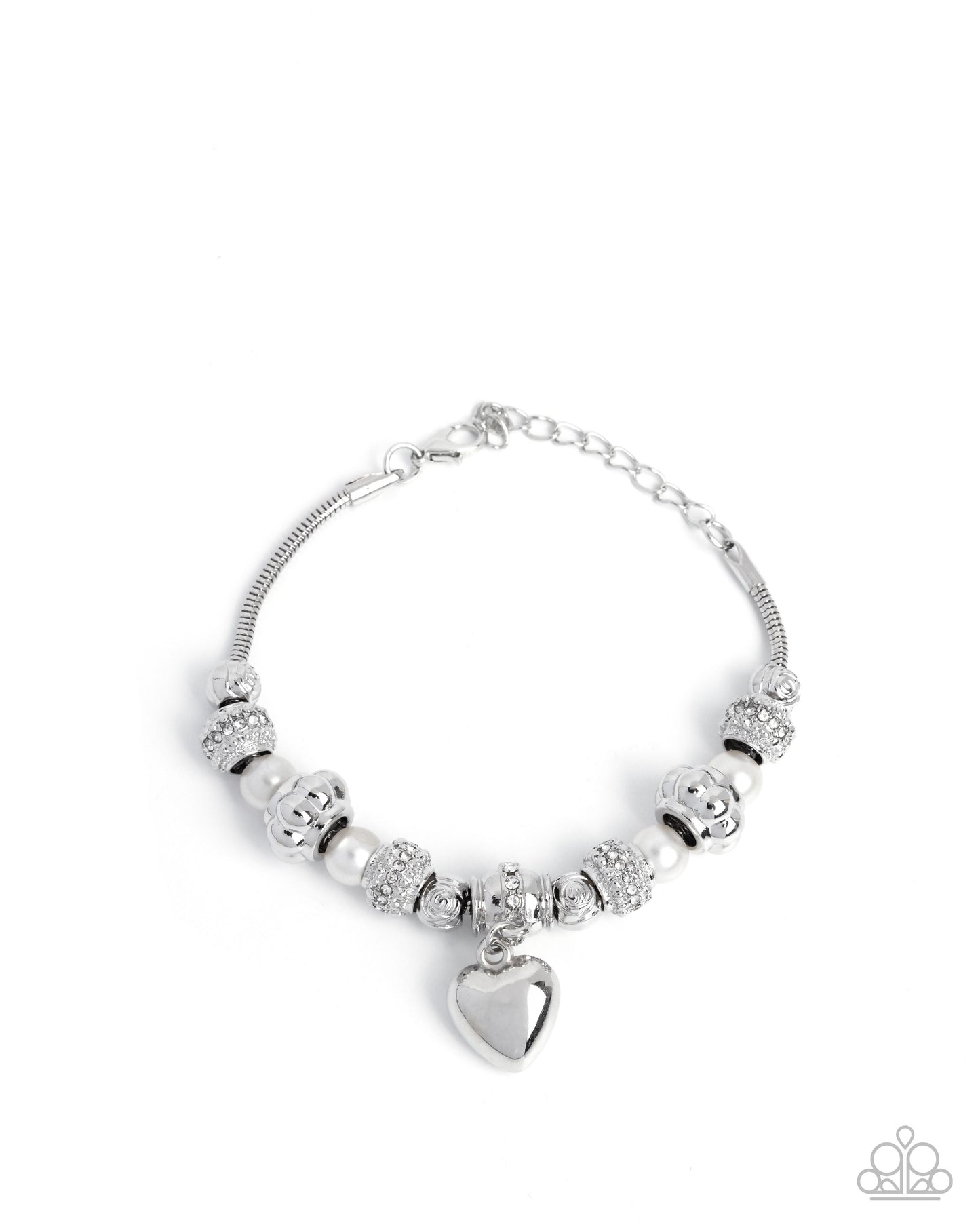 Pensive Polish - White Rhinestone Embellished Beads & Silver Heart Charm Bracelet Paparazzi B2271