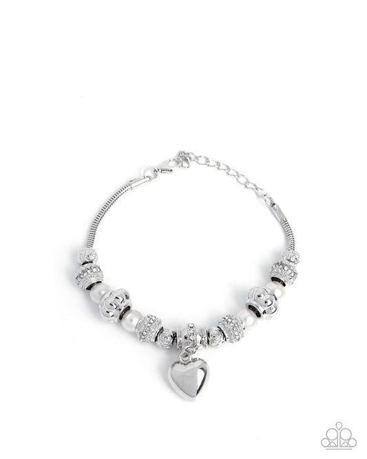 Pensive Polish - White Rhinestone Embellished Beads & Silver Heart Charm Bracelet Paparazzi B2271